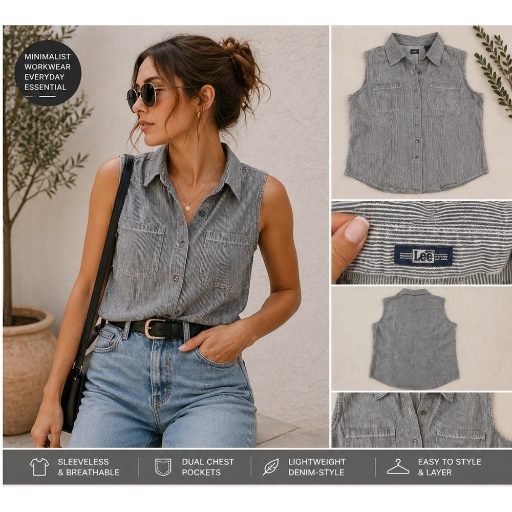 Lee Sleeveless Button Up Top | Gray Stripe Denim Workwear Minimalist M